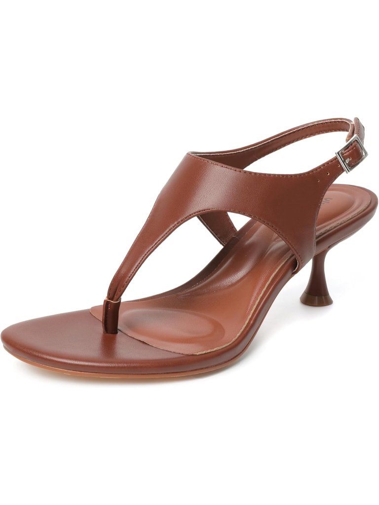 Women's Brown Summer Comfortable Low Block Thong Soft Straps Heeled Sandals